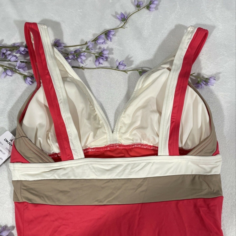 NWT DKNY [SZ 6 ] Colorblock V Neck Maillot One Piece Swimsuit‎ Coral - Picture 7 of 12